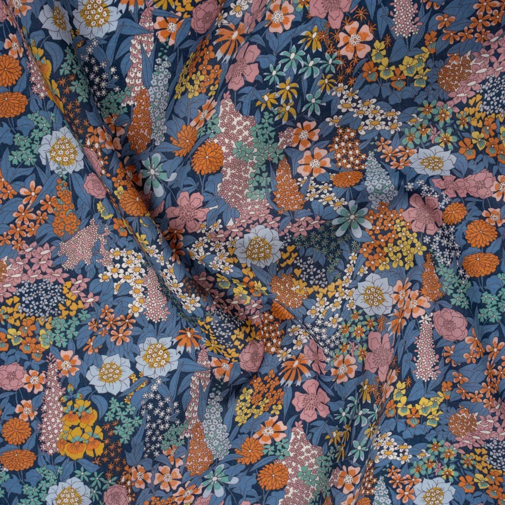 Image of Liberty Fabrics Tana Lawn® - Ciara Dark Blue - Muted Blue, Dark Orange and Rose Pink Flower Garden