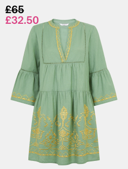 Embroidered Flute Sleeve Mini Dress Green