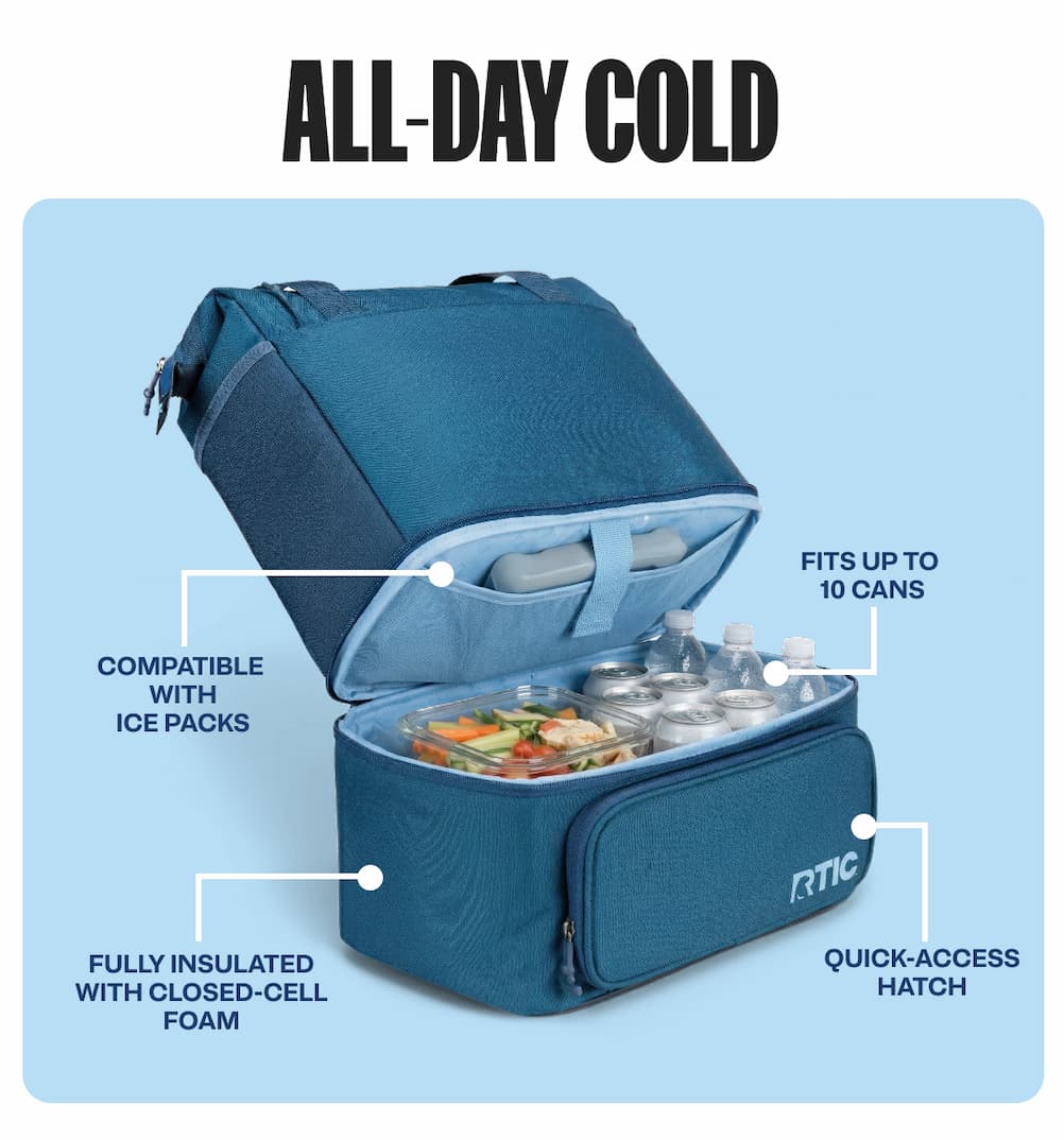 All-Day Cold, compatible with ice packs, fits up to 10 cans, fully insulated with closed-cell foam, quick access hatch