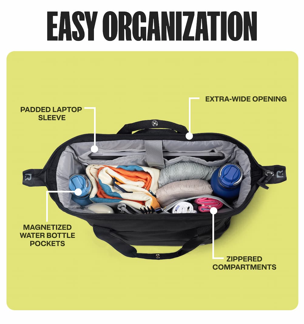 Easy organization - padded laptop sleeve, extra-wide opening, magnetized water bottle pockets, zippered compartments