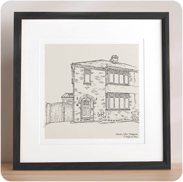 A framed pencil sketch illustration of a semi-detached house, displayed in a dark frame against a white background