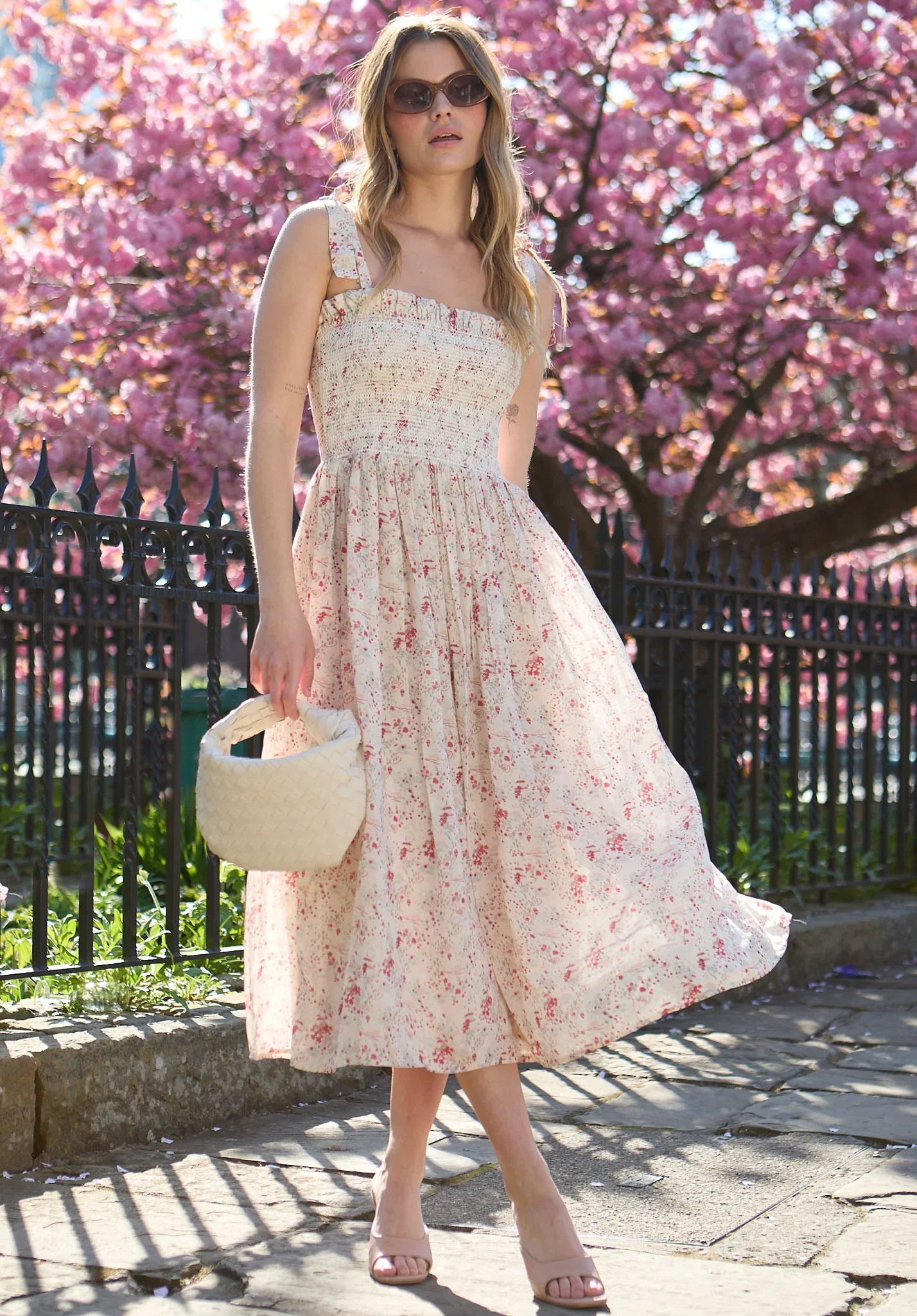 Image of Annie Smocked Wishing Well Floral Print Midi Dress In Multi