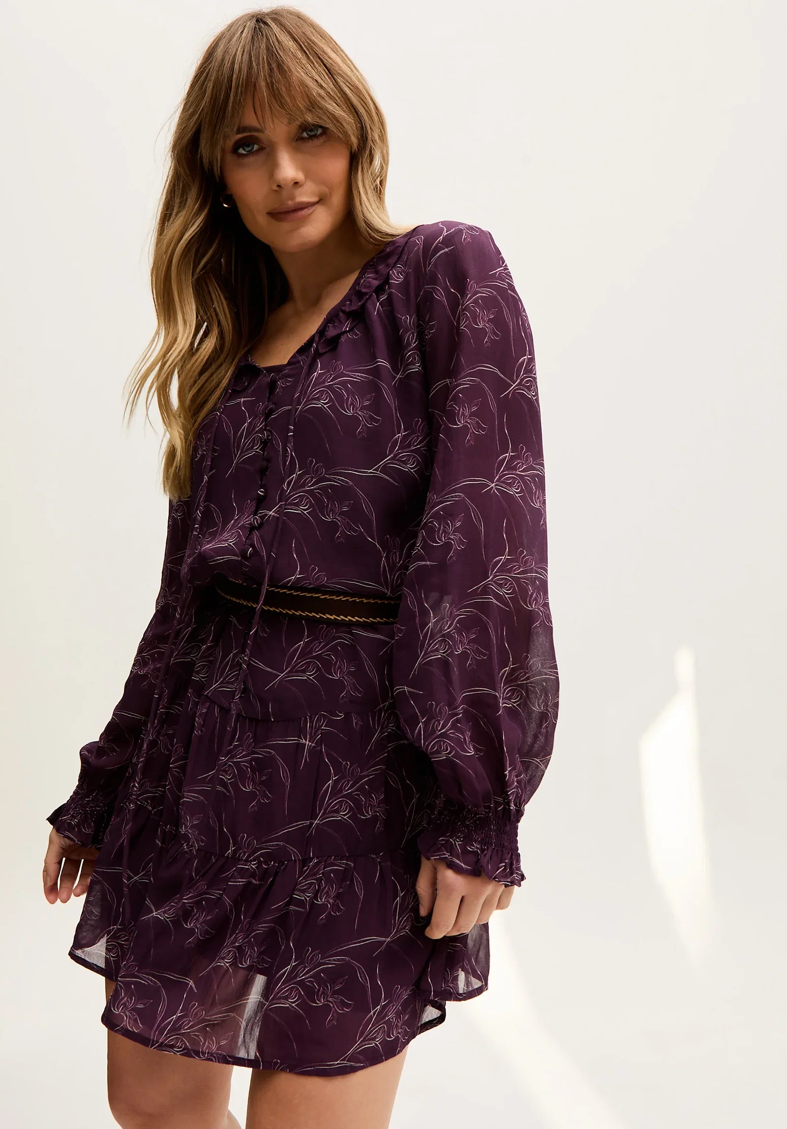 Image of Henrietta Floral Print Button Down Mini Dress In Purple