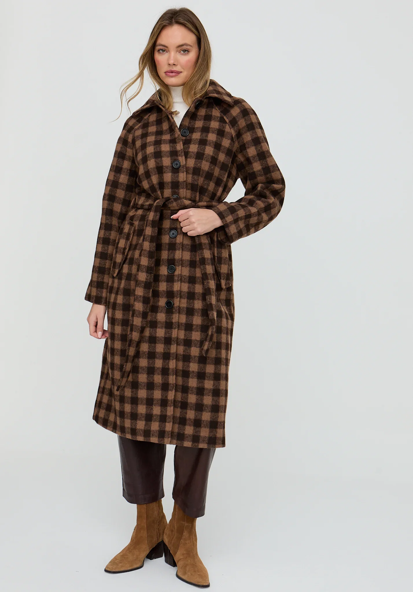 Image of Pia Tailored Check Print Coat In Brown