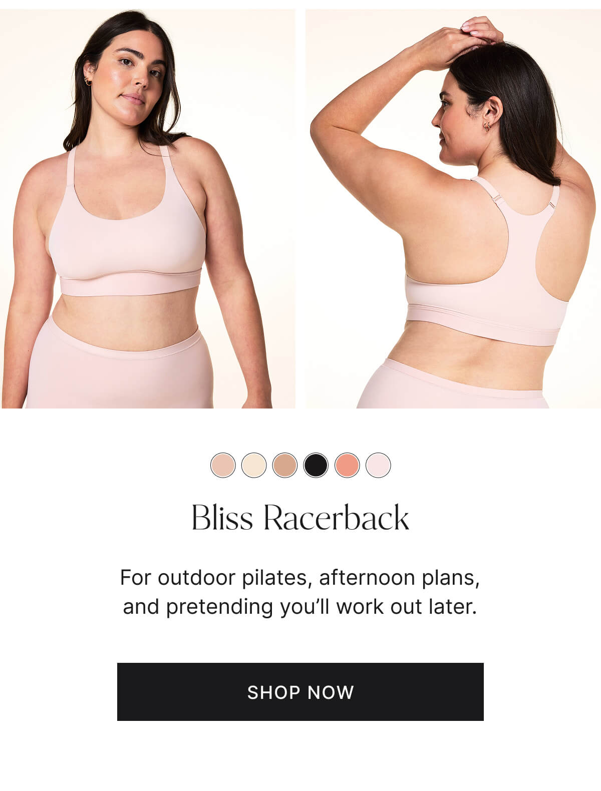 Bliss racerback. For outdoor pilates, afternoon plans, and pretending you'll work out later. Shop now.
