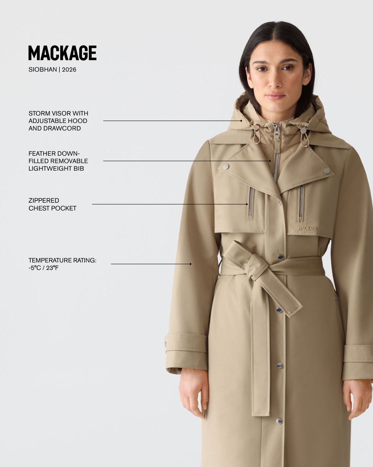 SIOBHAN Down Trench Coat with Removable Bib
