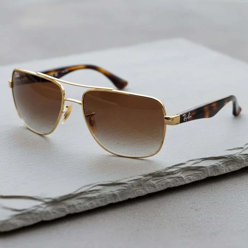 Classic Ray-Ban aviator sunglasses with gold metal frame and brown gradient lenses on white surface with decorative twig.
