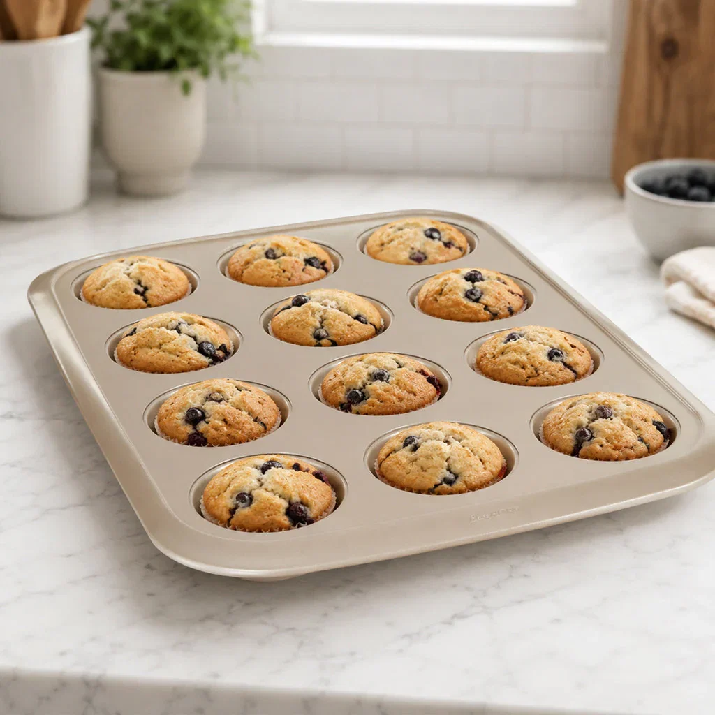 A 12-cup muffin pan filled with freshly baked blueberry muffins on a marble countertop in a bright kitchen.