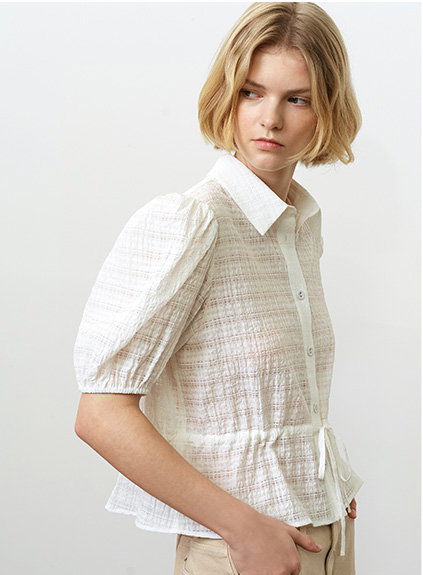 Shanaya Puff Sleeve Seersucker Drawstring White Shirt