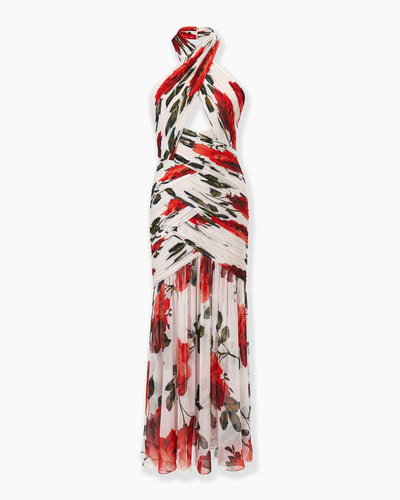 Rose-Print Chiffon Midi Dress