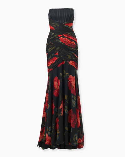 Rose-Print Chiffon Bustier Gown