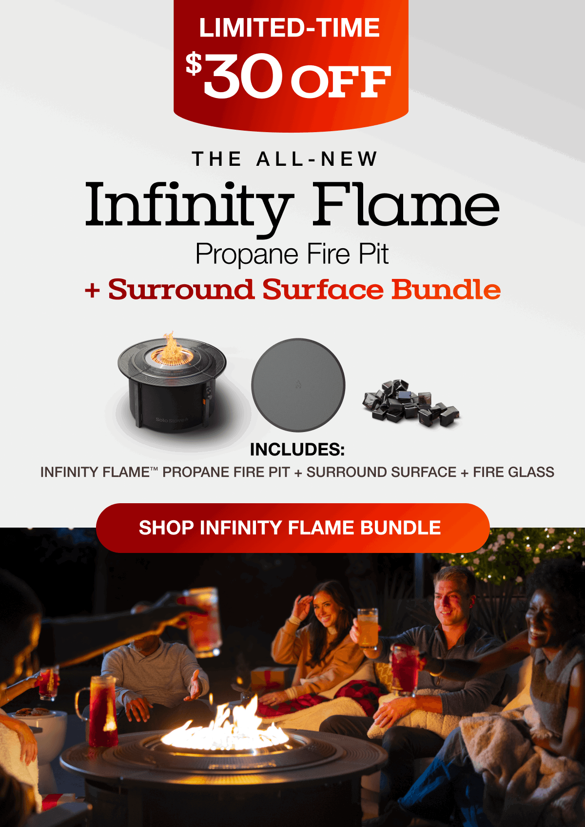 Infinity Flame Propane Fire Pit + Surround Surface Bundle