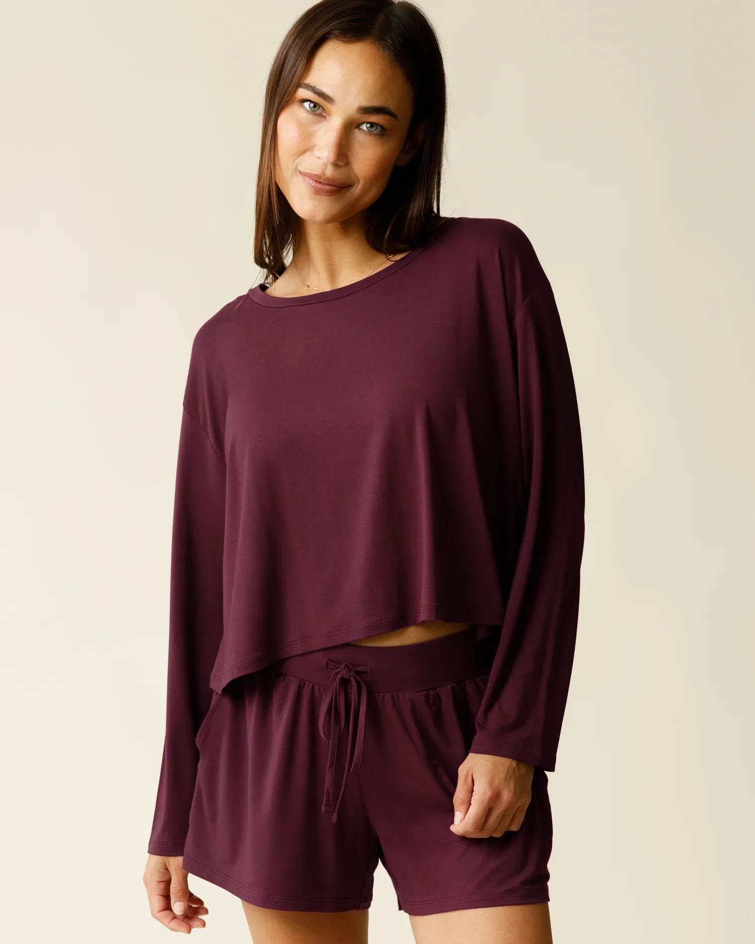Image of Aria Bamboo Casual Cropped Long Sleeve Top | Deep Burgundy