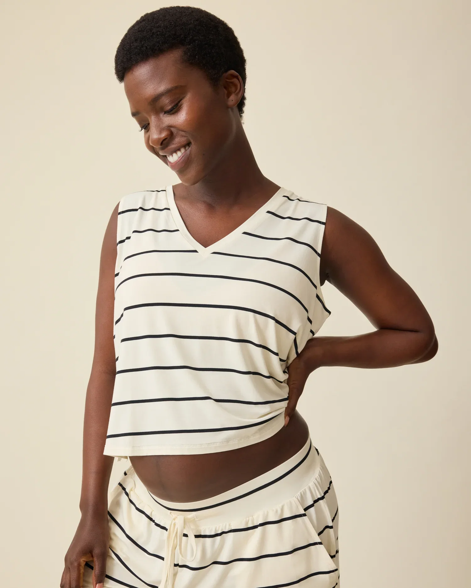 Image of Aria Bamboo Cropped V-neck Tank | White & Black Stripe