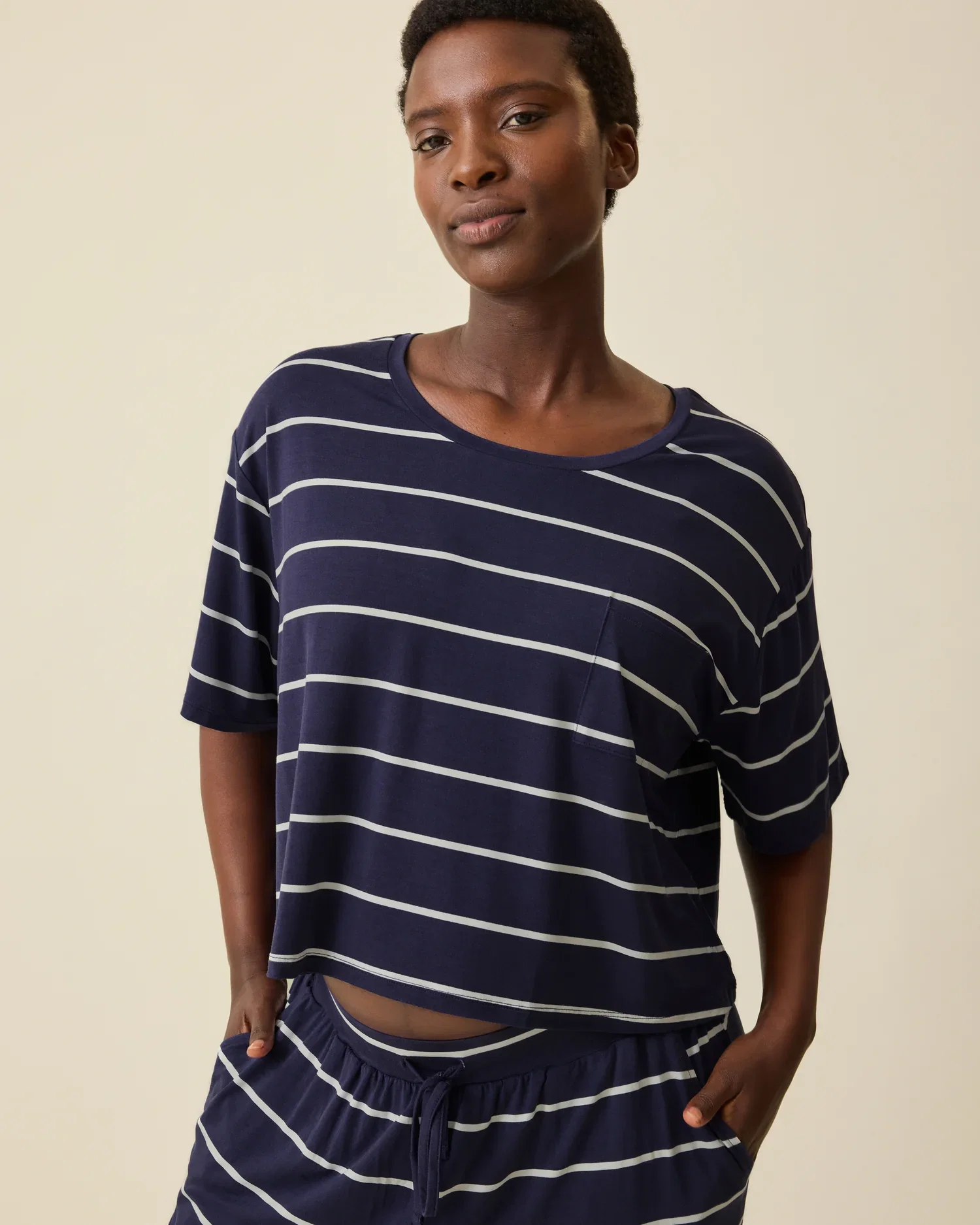 Image of Aria Bamboo Casual Cropped Short Sleeve Top | Navy & White Stripe