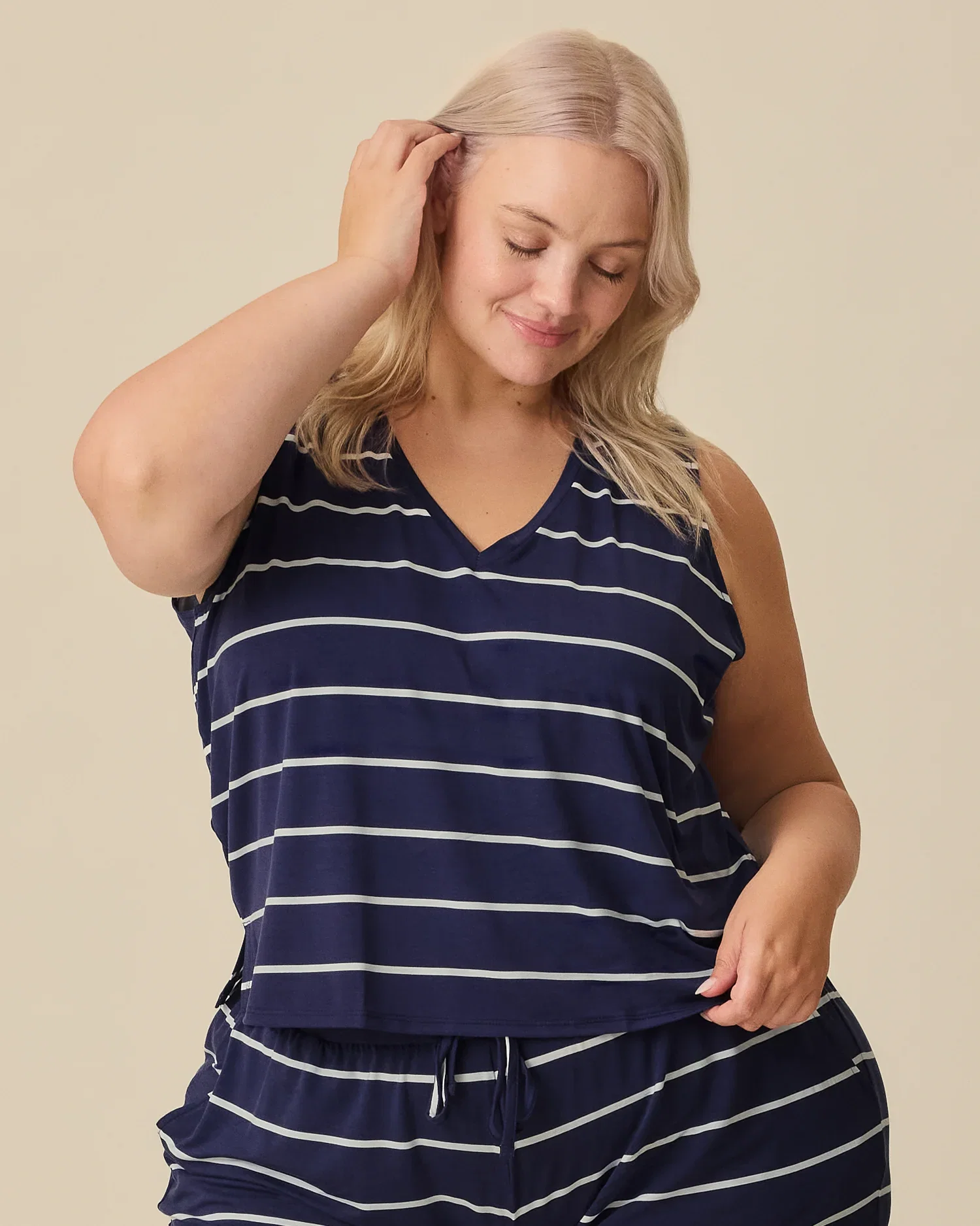 Image of Aria Bamboo Cropped V-neck Tank | Navy & White Stripe