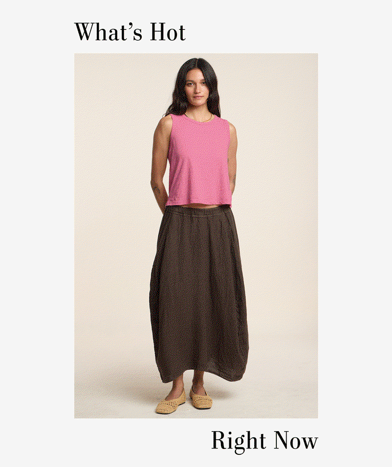 Image shows a model wearing the Milou Top.  Text reads: What's Hot Right Now