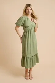 Bubble Sleeve Trim Detail Midi Dress