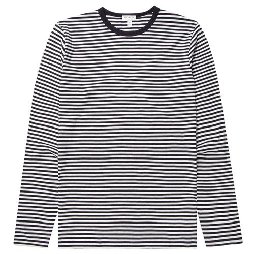 Sunspel Long Sleeve Classic T-Shirt - White/Navy