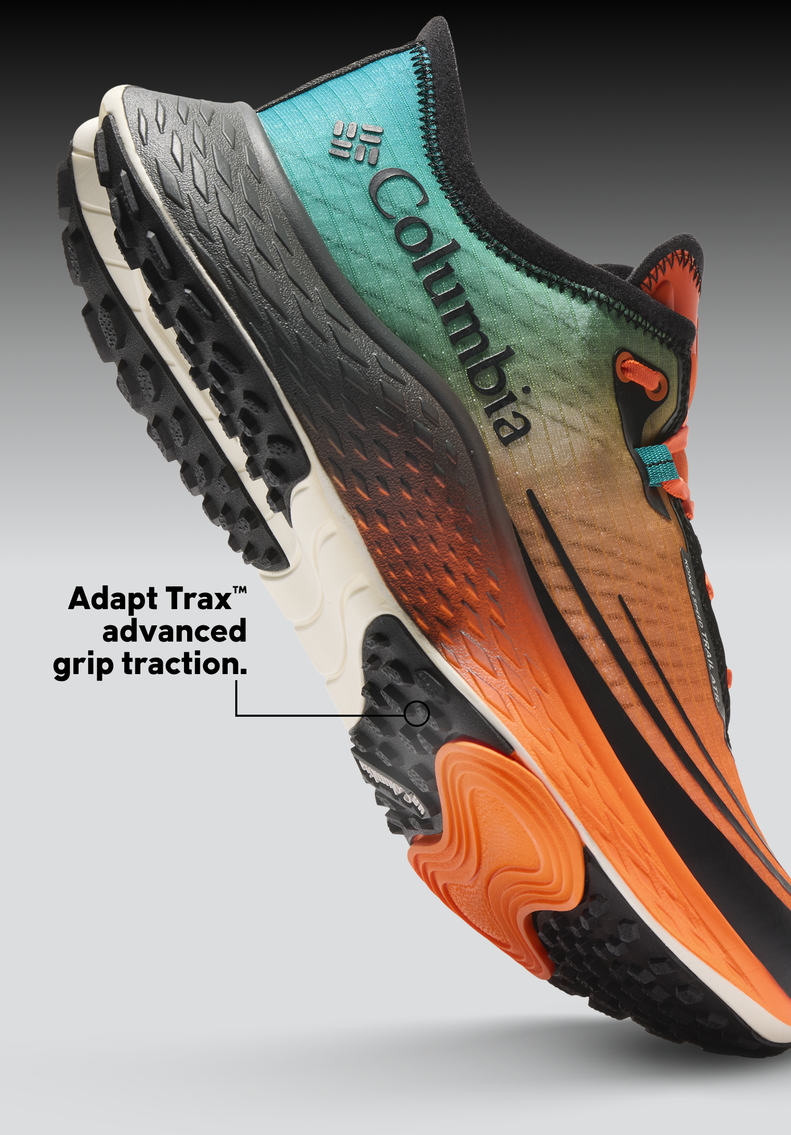 Detail shot of Konos Speed Trail ATR shoe's outsole, highlighting Adapt Trax grip. 