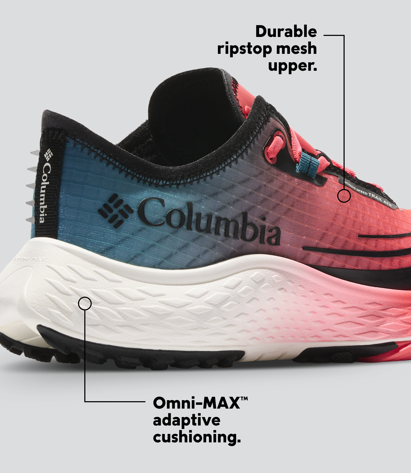 Detail shot of Konos Speed Trail ATR shoe's durable ripstop mesh upper and Omni-MAX adaptive cushioning. 