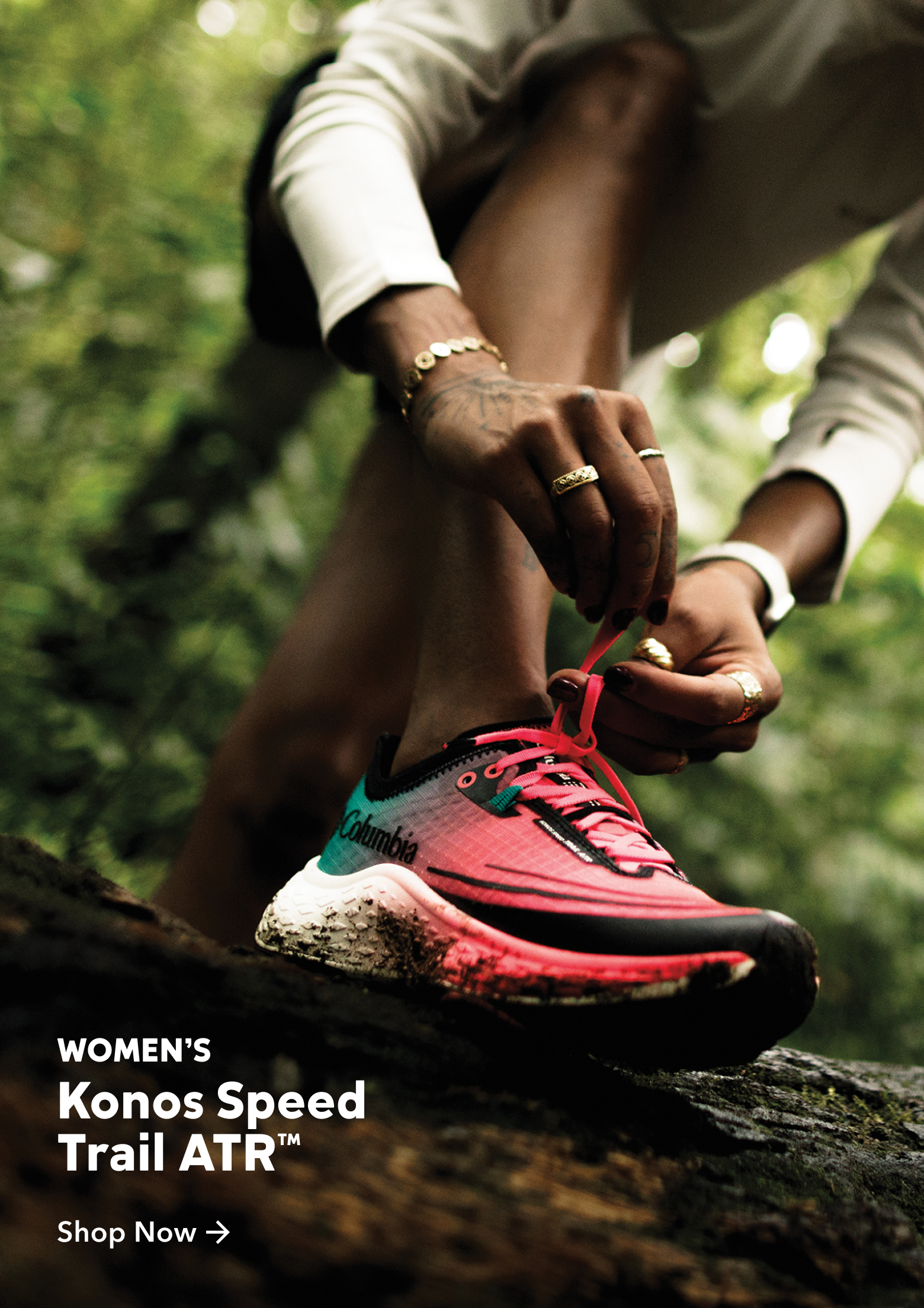 An image of a model tying their Konos Speed Trail ATR shoes, with a close up of the shoe with mud caked on the cushion. 