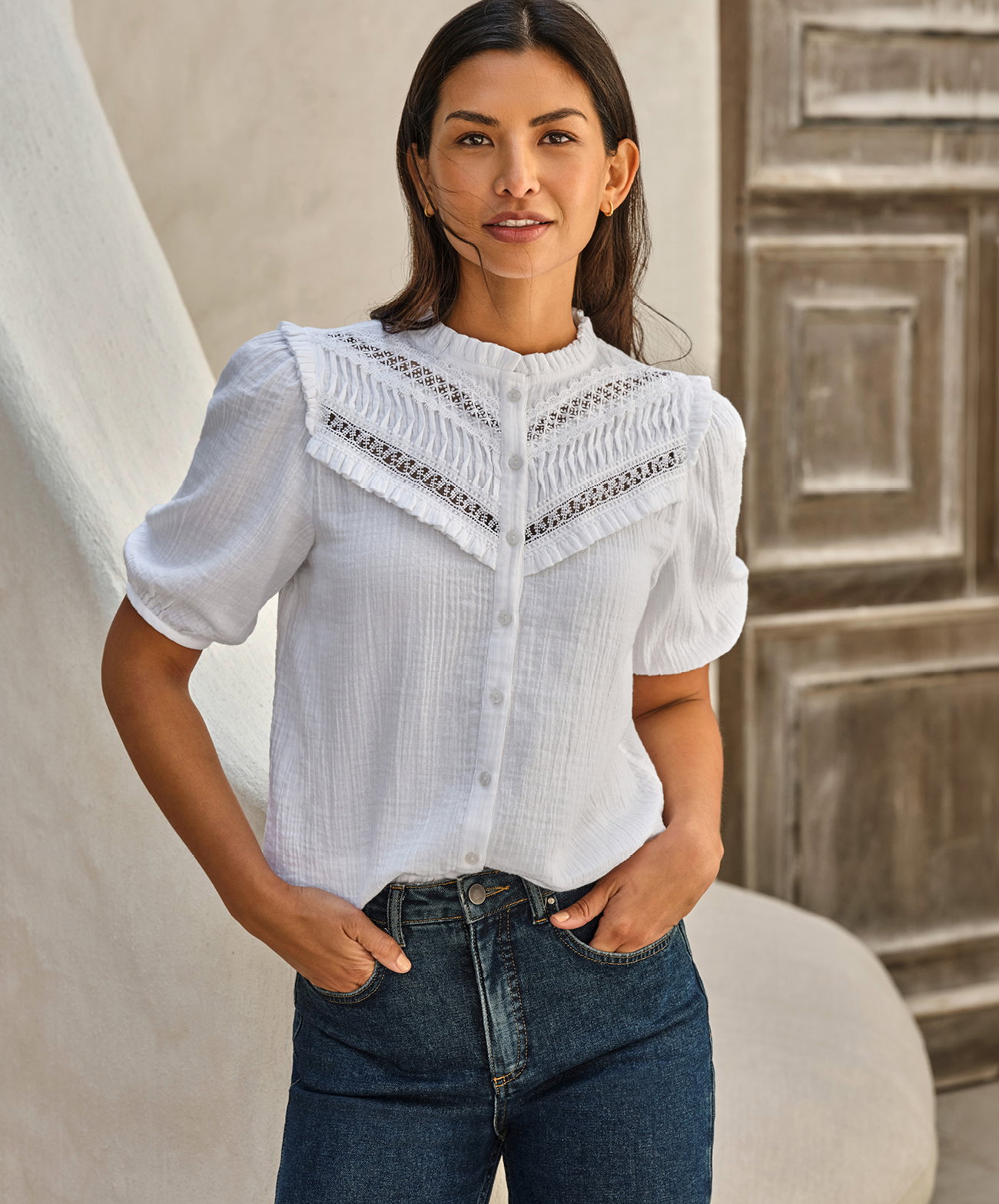 Lace Trim Double Cloth Blouse