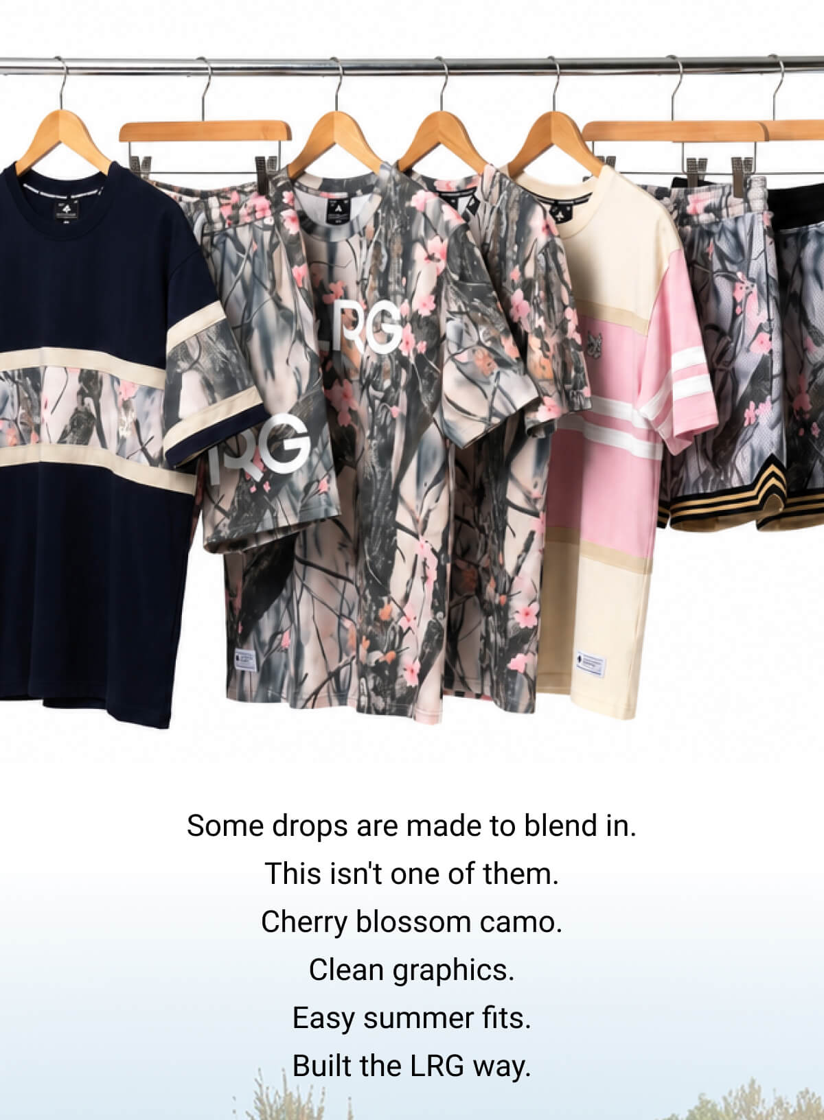 Some drops are made to blend in. This isn't one of them. Cherry blossom camo. Clean graphics. Easy summer fits. Built the LRG way.