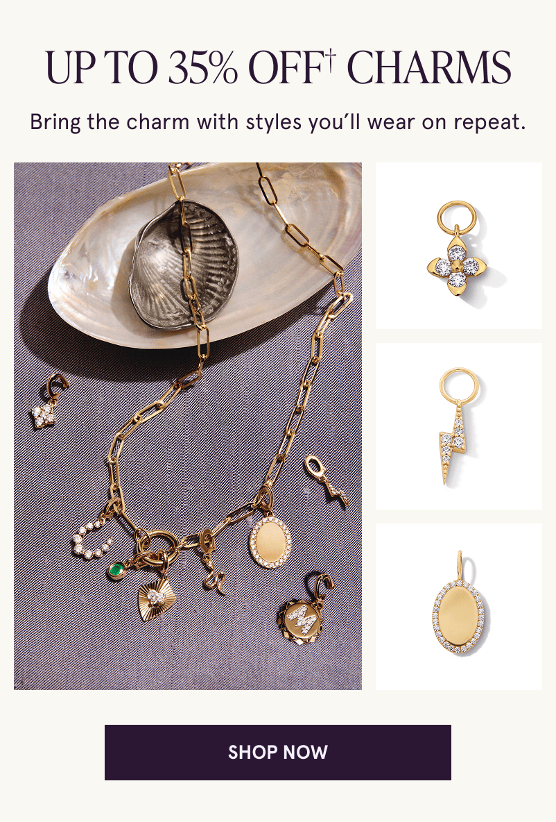 Various gold gemstone charms on a seashell with close-up of charms on the side. Up to 35% off charms. Click here to shop now