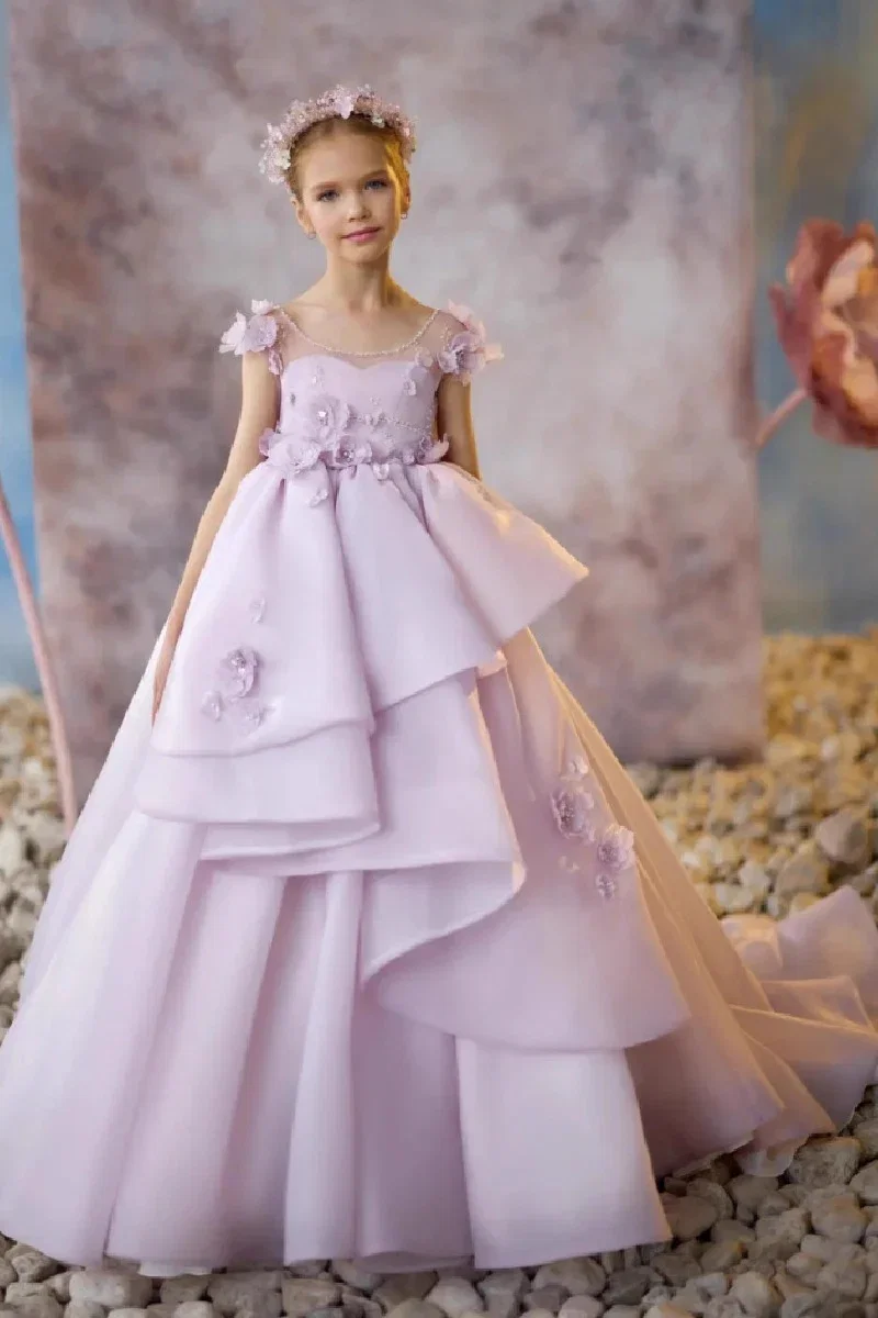 Image of Illusion Tiered Asymmetrical Ruffle Sweep-Brush Train Flower Girl Dresses 673284486583