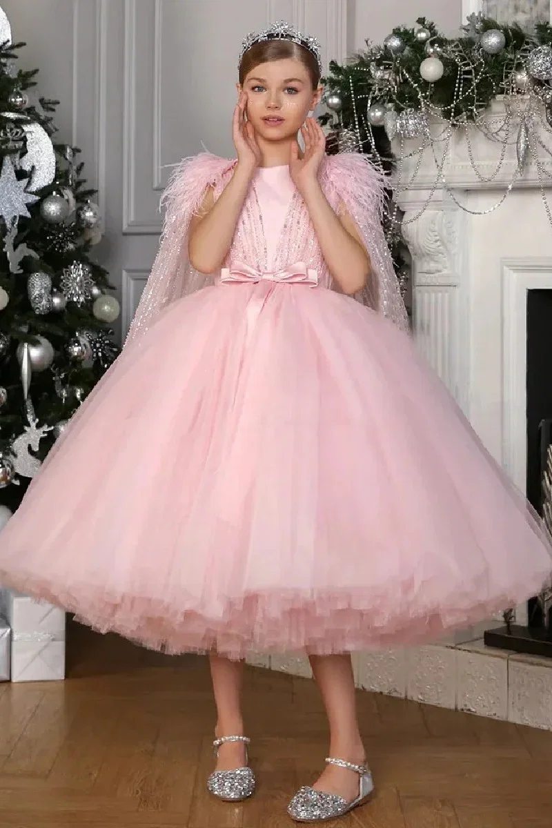 Image of Ball Gown Feather Glitter Tulle Cape Tea Length Flower Girl Dresses 896082942099