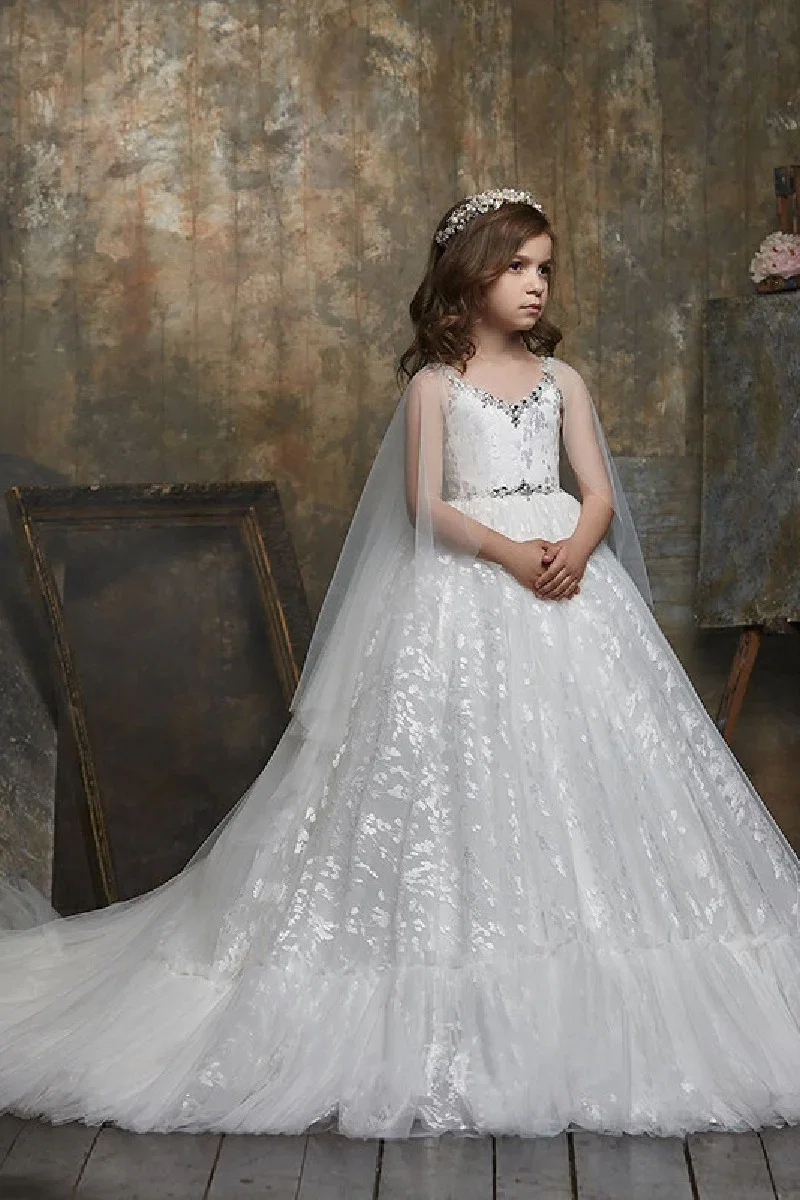 Image of V-Neck Tulle Sweep-Brush Train Rhinestone Flower Girl Dresses 602360853583