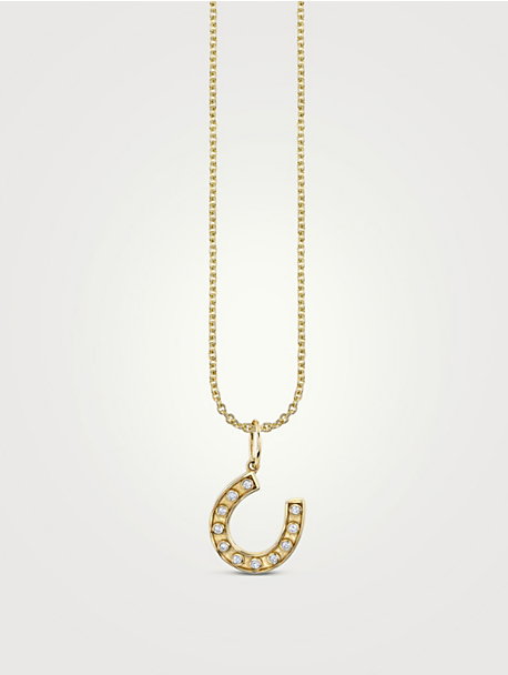 14K Gold Small Bezel Horseshoe Charm Necklace With Diamonds