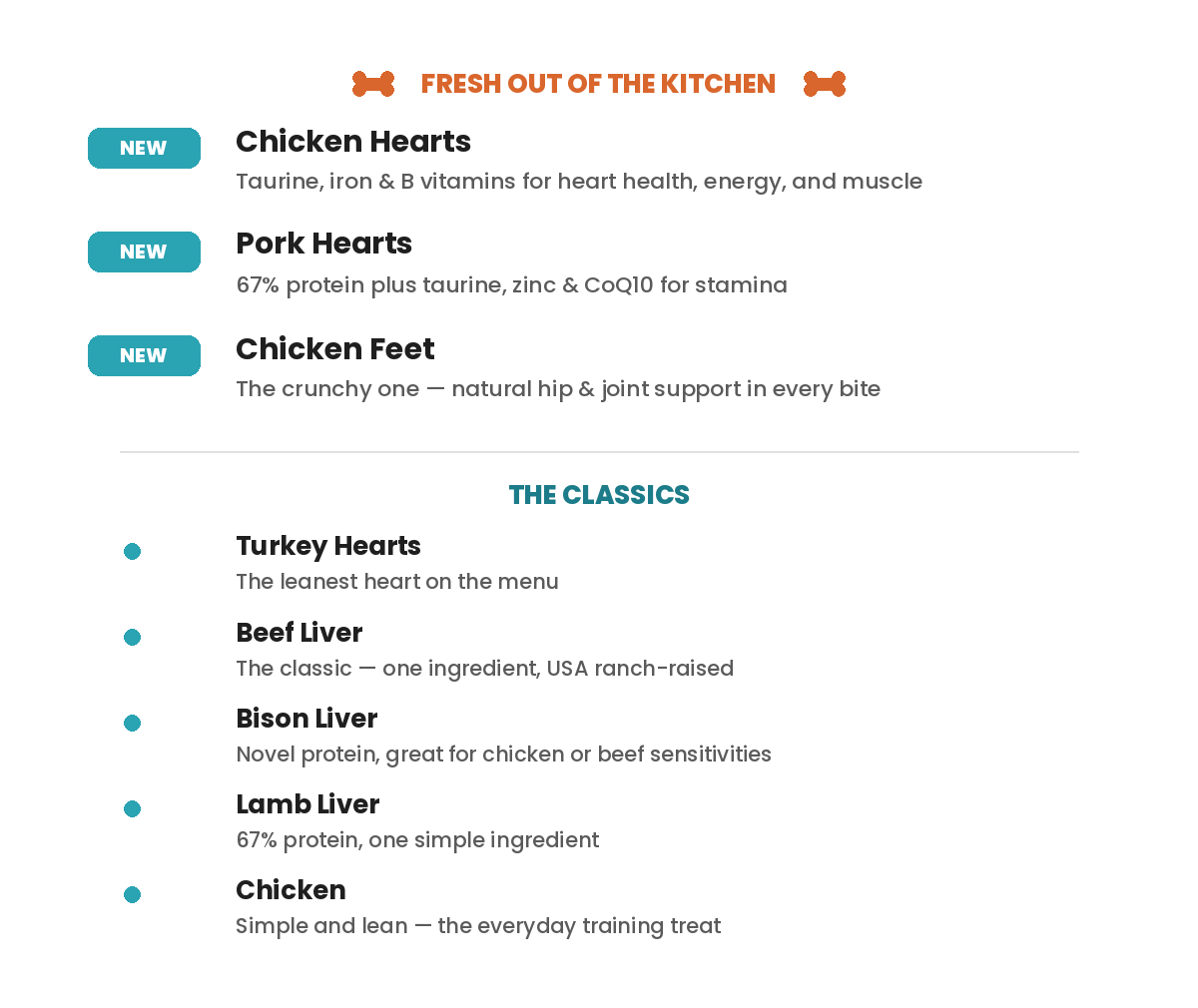 Joyride's Kitchen full menu — new Chicken Hearts, Pork Hearts, and Chicken Feet, plus Turkey Hearts, Beef Liver, Bison Liver, Lamb Liver, and Chicken