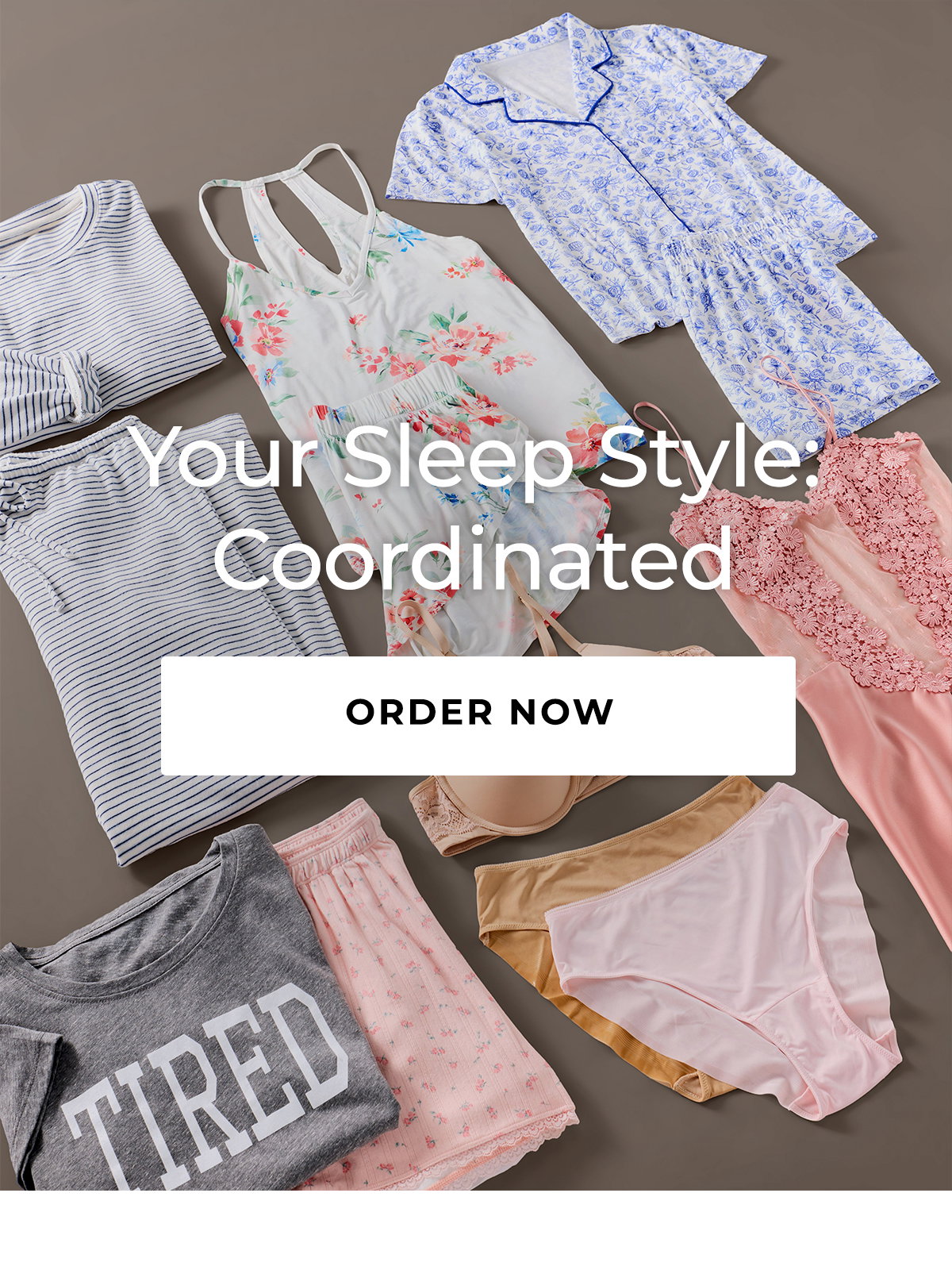 Coordinated floral striped and solid sleepwear sets with bras and underwear arranged flat.