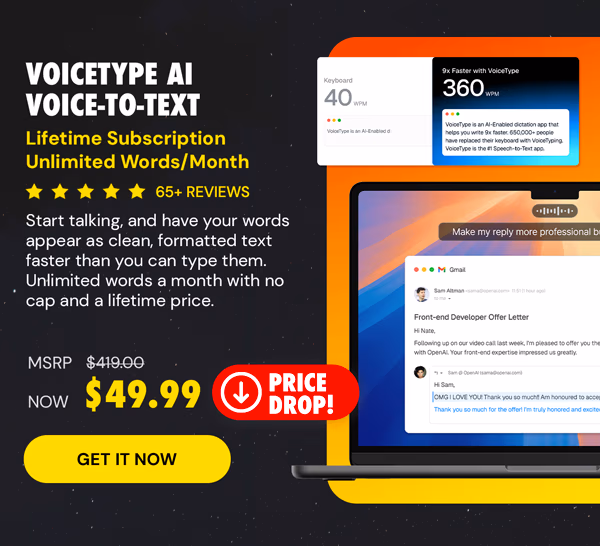 VoiceType AI Voice-to-Text: Lifetime Subscription (Unlimited Words/Month)