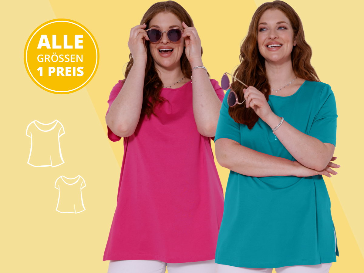 Model mit Sonnenbrille und farbintensivem Longteil und weisser Hose. Sommerliche Longteile. Alle Größen ein Preis. Bild oder Schaltfläche darunter anklicken, um in den Shop zu gelangen >