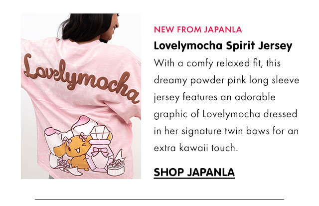 NEW FROM JAPANLA | Lovelymocha Spirit Jersey | With a comfy relaxed fit, this dreamy powder pink long sleeve jersey features an adorable graphic of Lovelymocha dressed in her signature twin bows for an extra kawaii touch. | SHOP JAPANLA