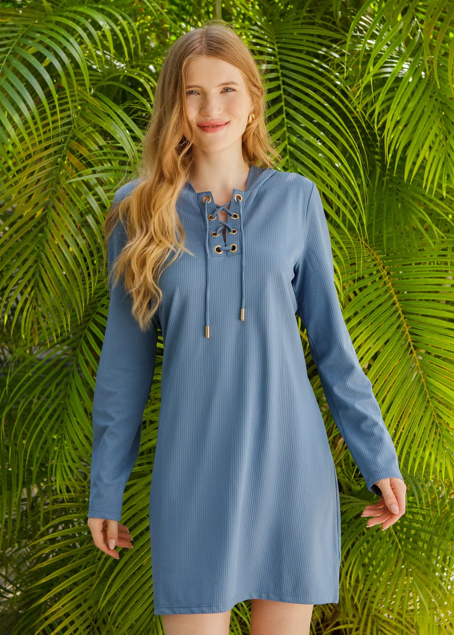 Image of Blue Ribbed Hooded Cover Up