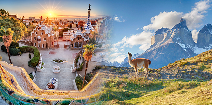 Zweigeteiltes Bild: Park Güell in Barcelona und schneebedeckte Berge in Argentinien mit Lama davor.