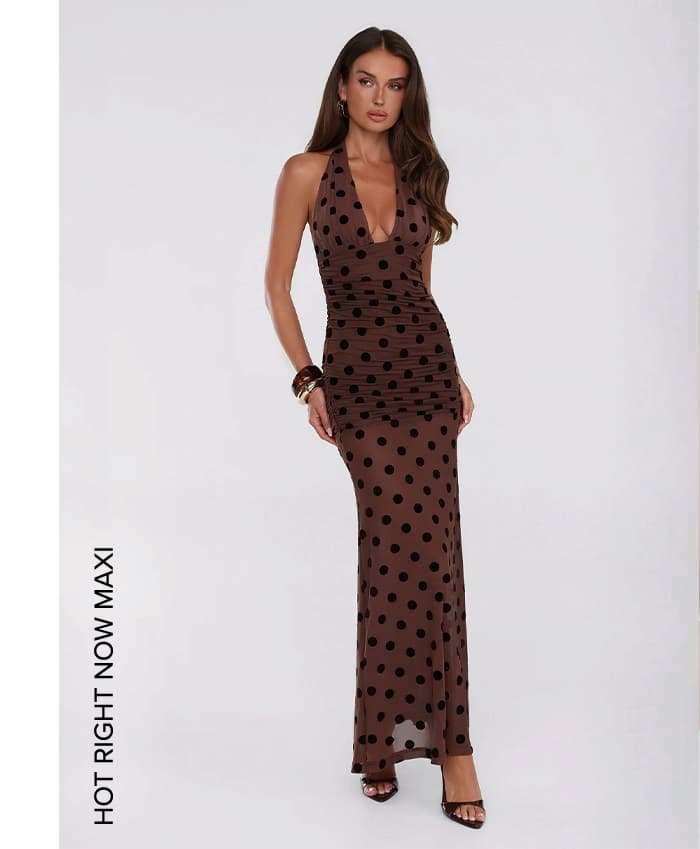 Hot Right Now Polka Dot Maxi Dress Brown