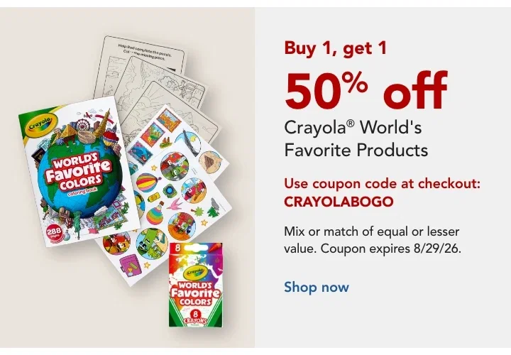 b1g1 50%  off crayola world's favorite products