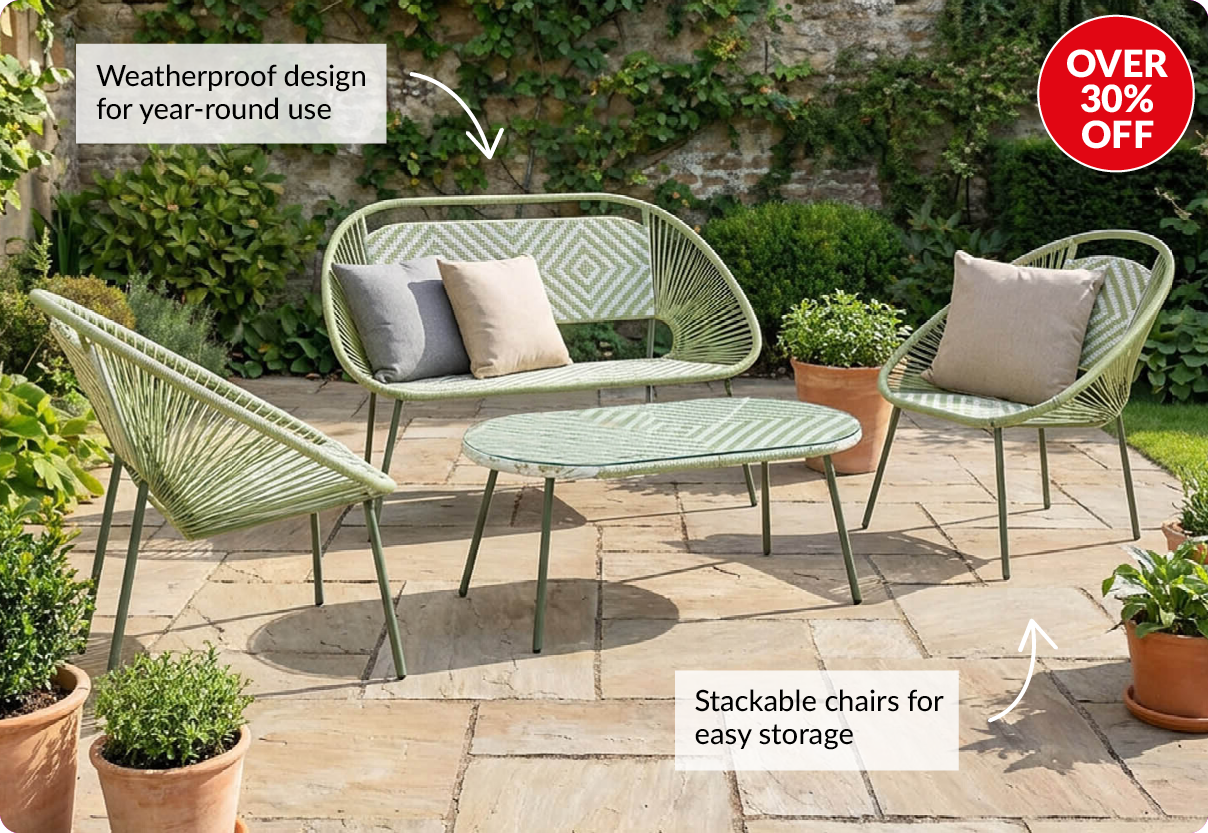 over 30% off. Weatherproof design for year-round use. Stackable chairs for easy storage