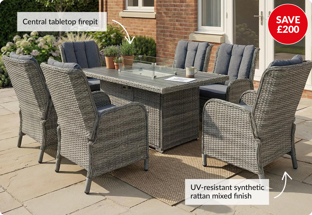 save £200. Central tabletop firepit. UV resistant synthetic rattan mixed finish