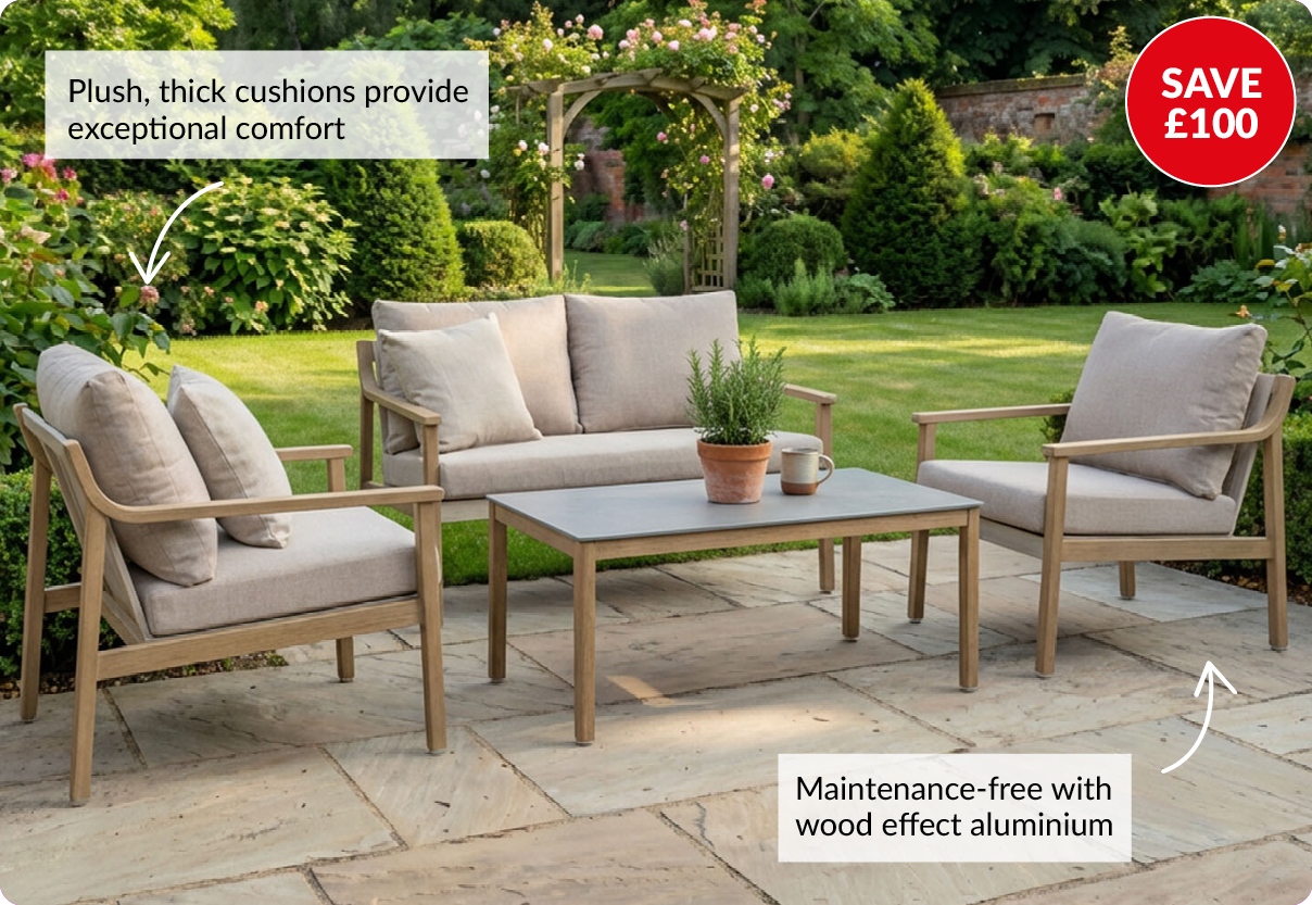 save £100. Plush, thick cushions provide exceptional comfort. maintenance free with wood effect aluminium