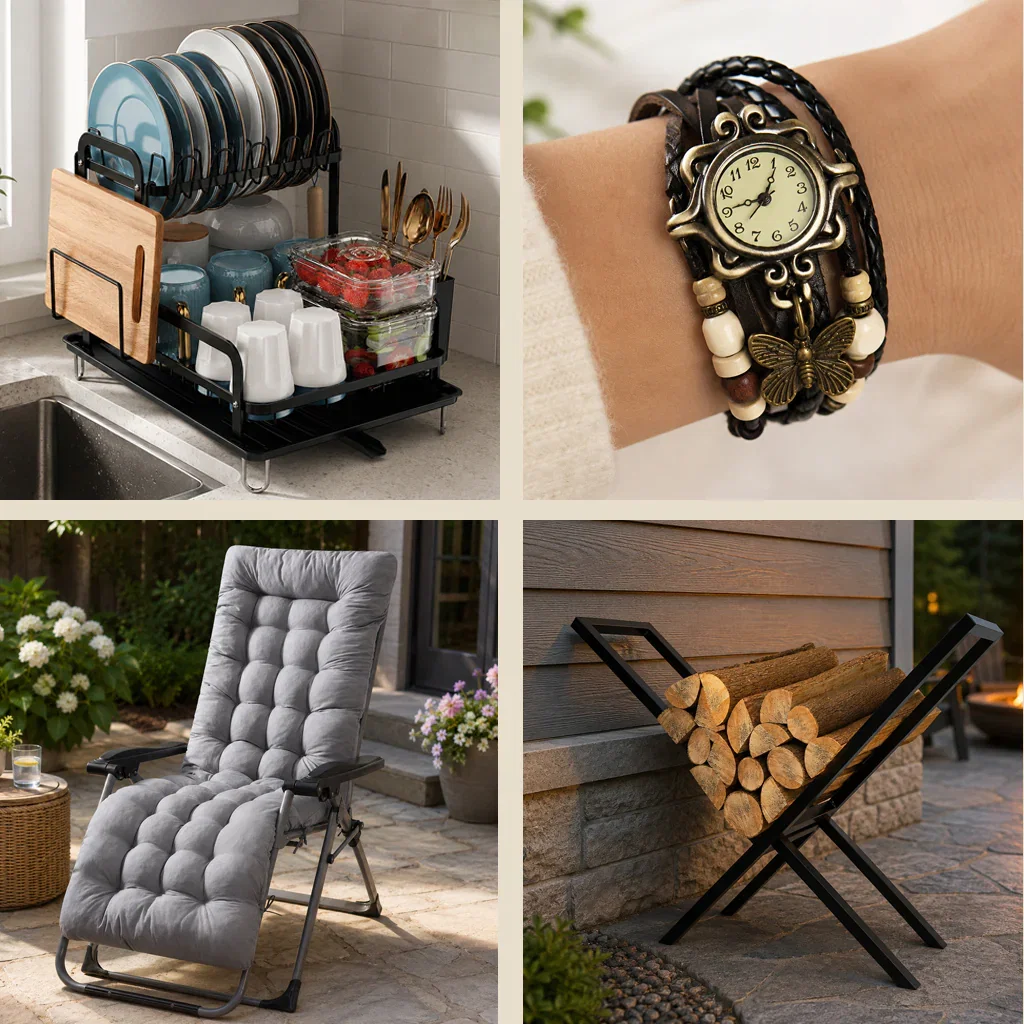 Four trending items: kitchen dish rack organizer, ornate leather wrap watch, gray patio lounge cushion, and black firewood storage rack.
