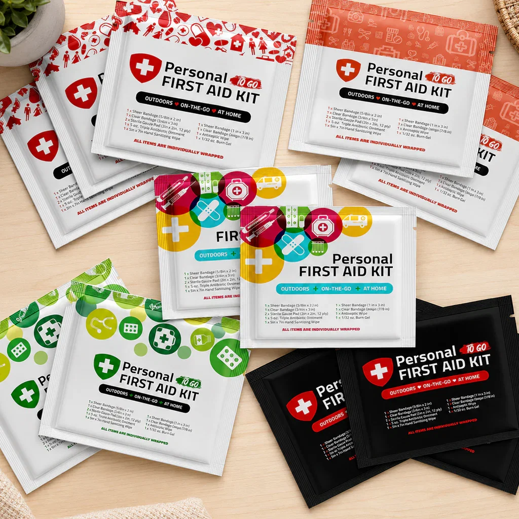 Multiple Personal First Aid Kit packages in red, green, blue, and black designs displayed on a wooden surface.