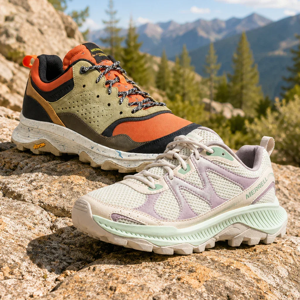 Two Merrell hiking shoes displayed on rocky terrain with mountain landscape and pine trees in the background.