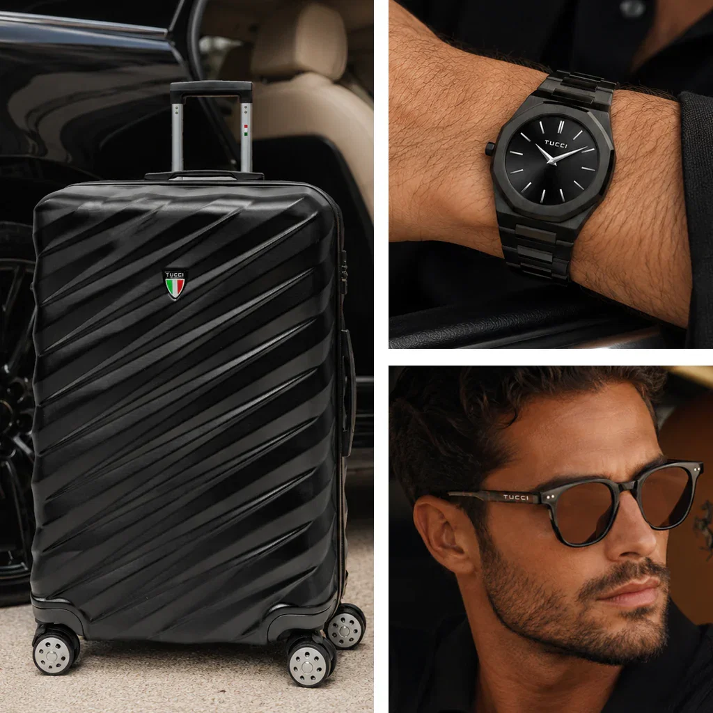 Tucci Campus Travel collection featuring black luggage, watch, and sunglasses displayed in car and on model.