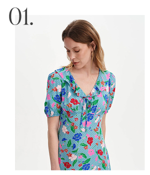 Zeffira Blue Floral Frill Collar Puff Sleeve Midi Dress